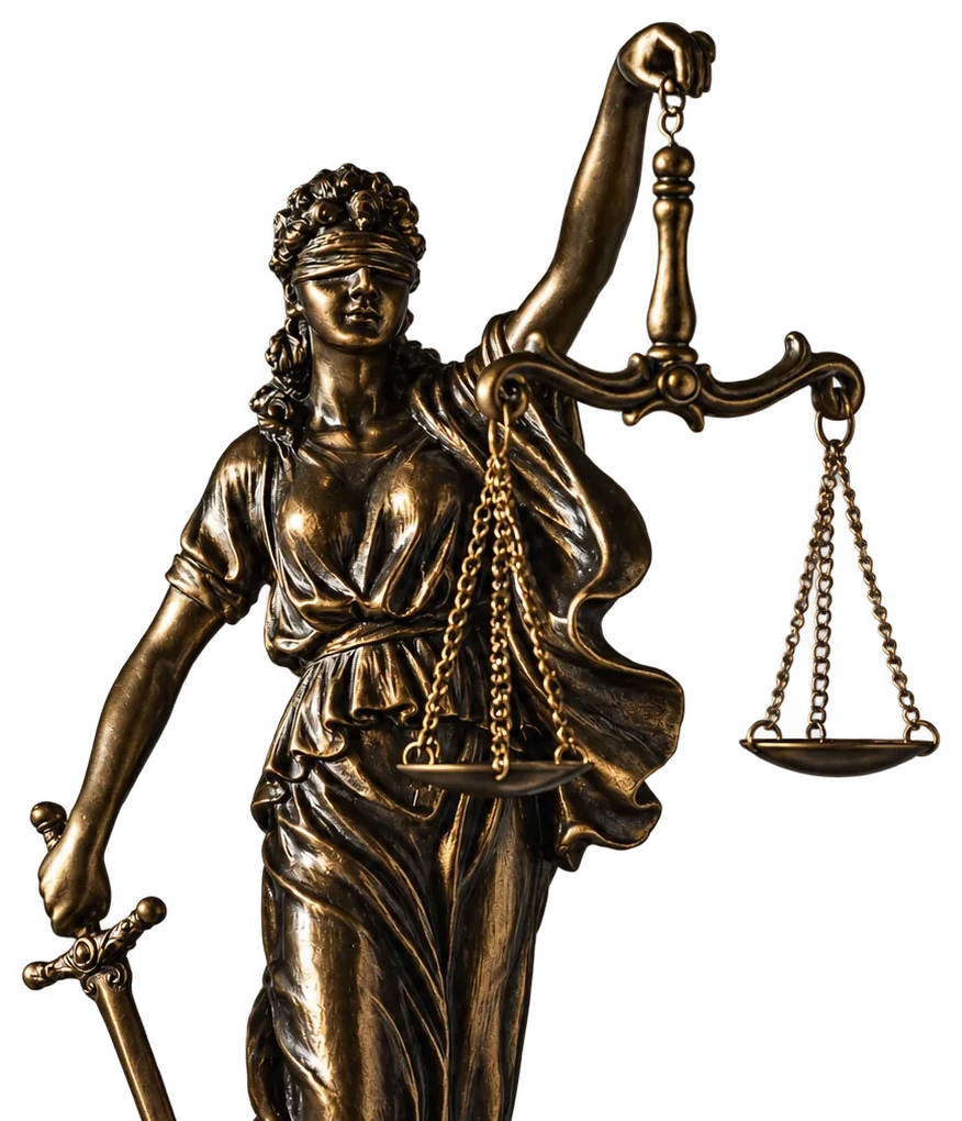 Statuette en bronze de la dame Justice, les yeux bandés, tenant une balance levée et une épée sur un fond gris-bleu uni.
