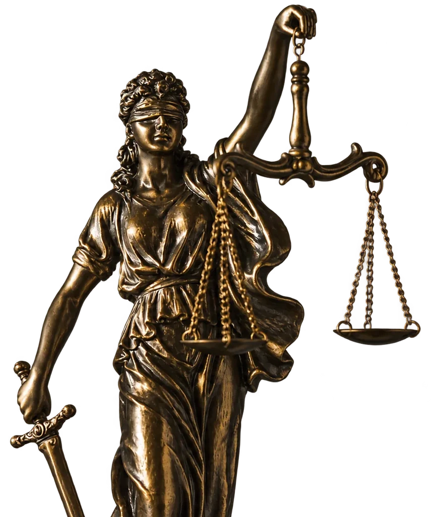Statuette en bronze de la déesse de la Justice, les yeux bandés, levant une balance et tenant une épée devant un fond gris-bleu.