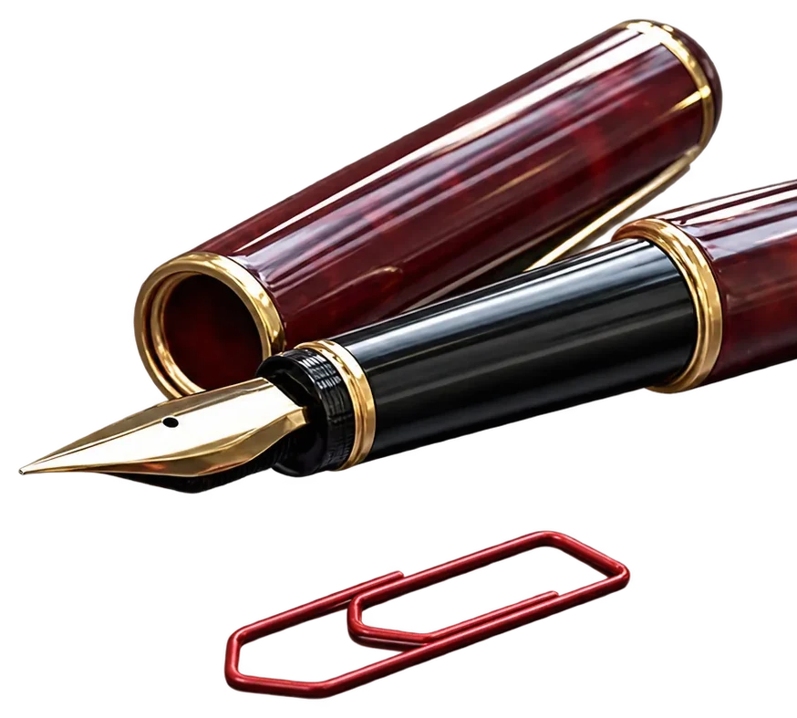 Un stylo plume bordeaux aux finitions dorées, capuchon posé à côté, avec deux trombones rouges sur une surface grise texturée.